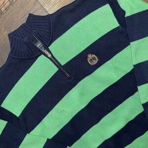 Vtg Lauren Ralph‎ Lauren Rugby Stripe 1/4 Zip Pullover Sweater Crest Preppy 90's